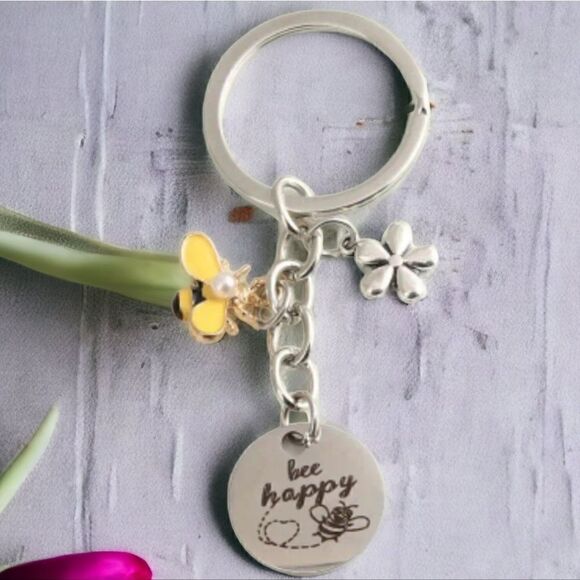 Honey Bee & Flower Keychain Metal Key Ring Purse Bag Backpack Charm - Picture 1 of 4